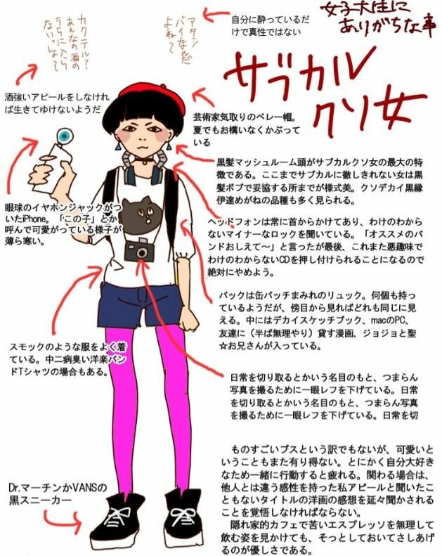 サブカルクソ女の意味や元ネタは?特徴/性格&行動/髪型&服装を紹介!